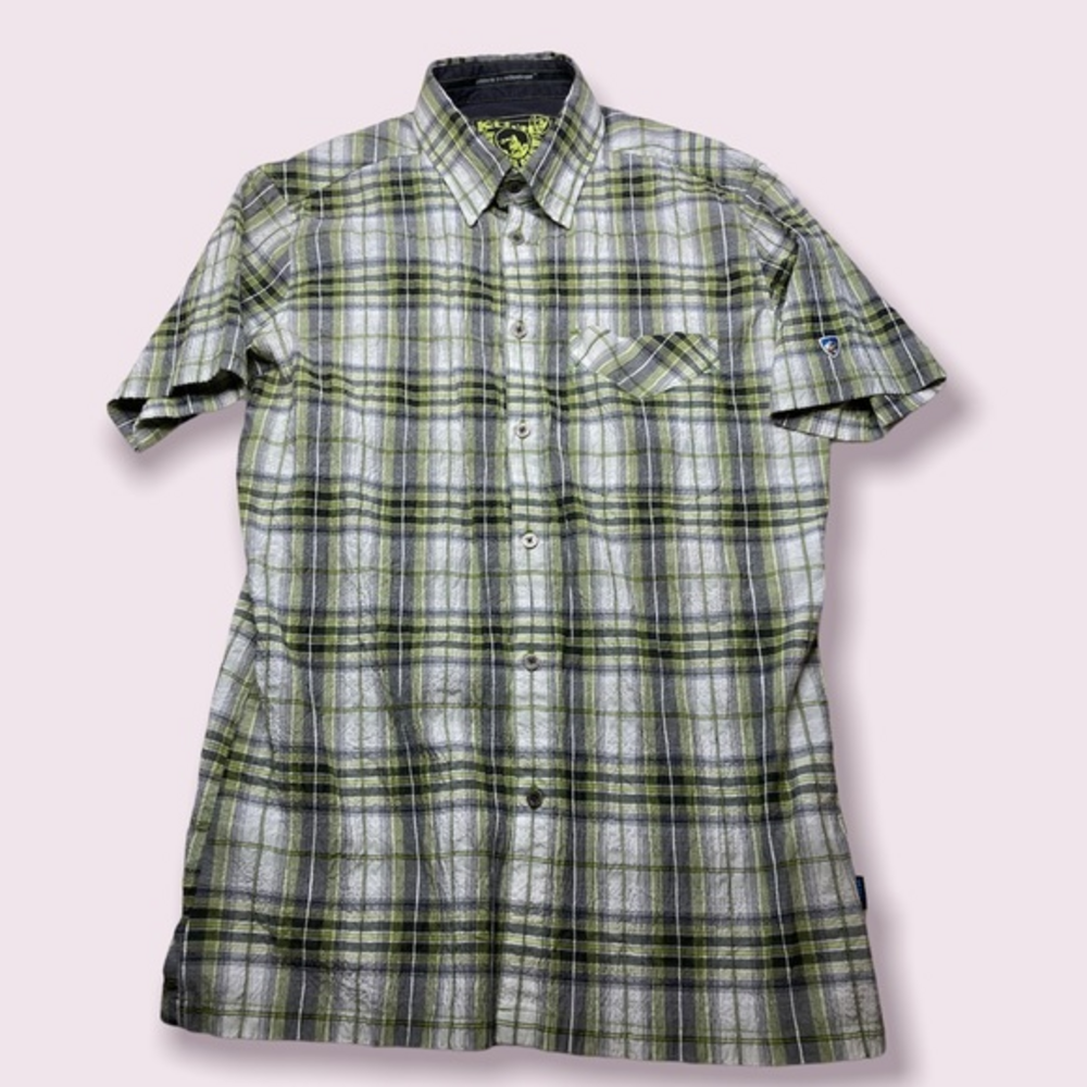 Kuhl Men's Seersucker Short‎ Sleeve Button Up plaid Shirt